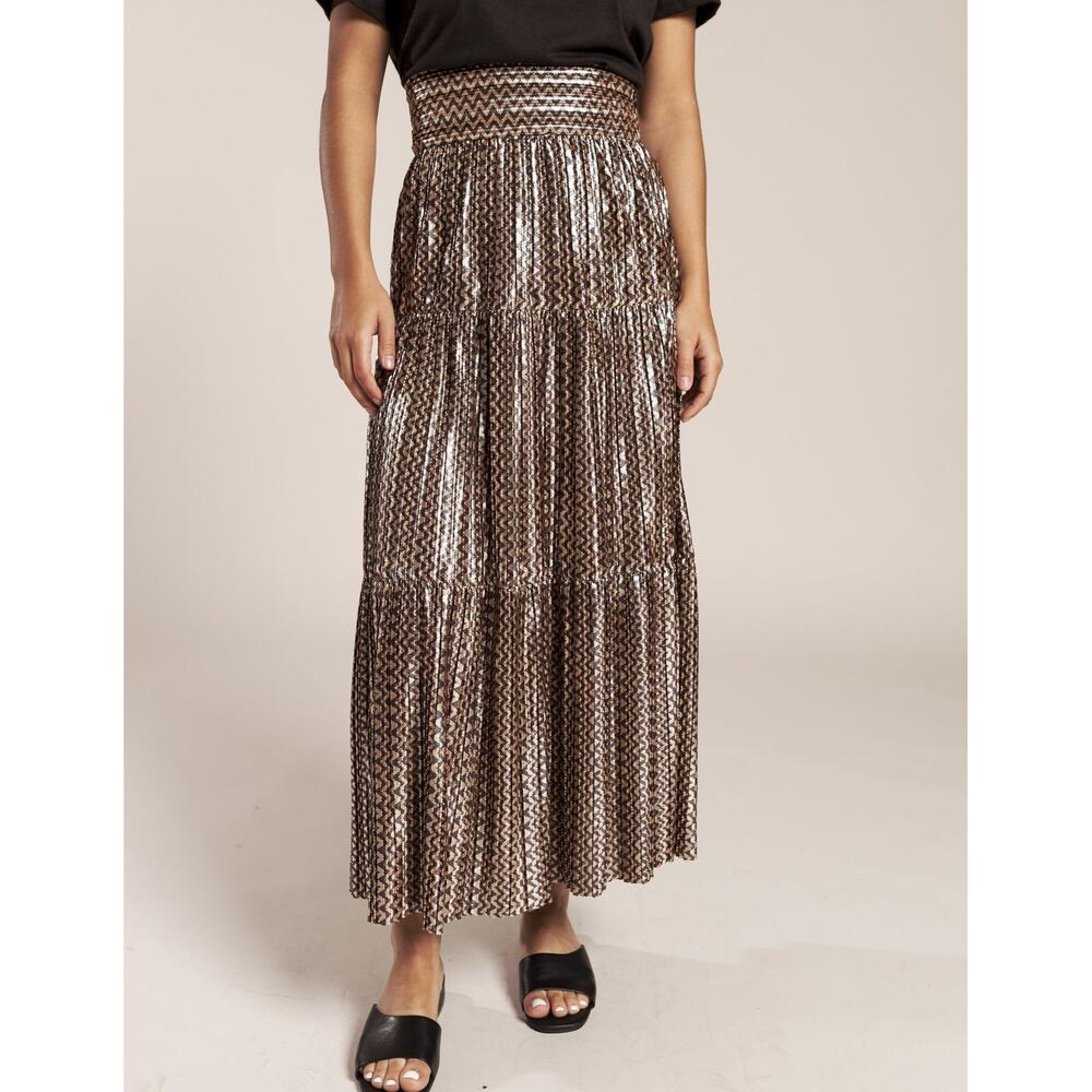 Ba&Sh Poly Midi Skirt Gold Metallic Chevron Pleated Tiered SZ S